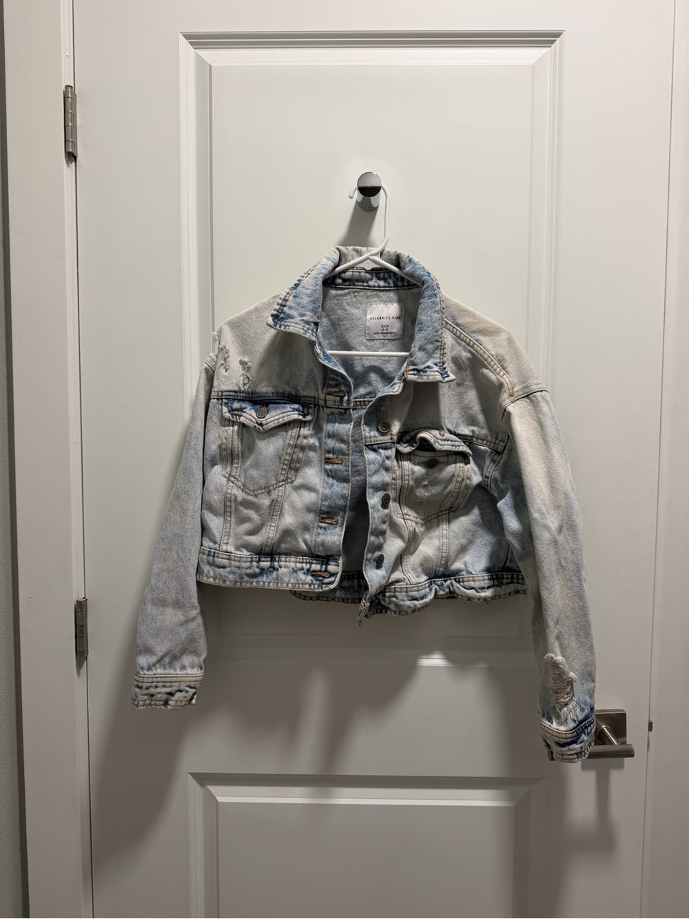 Celebrity Pink Distressed Cropped Light Blue Denim Jacket